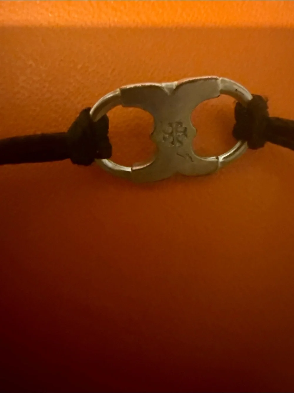 Tory Burch Black Cord Bracelet with Silver Logo Charm